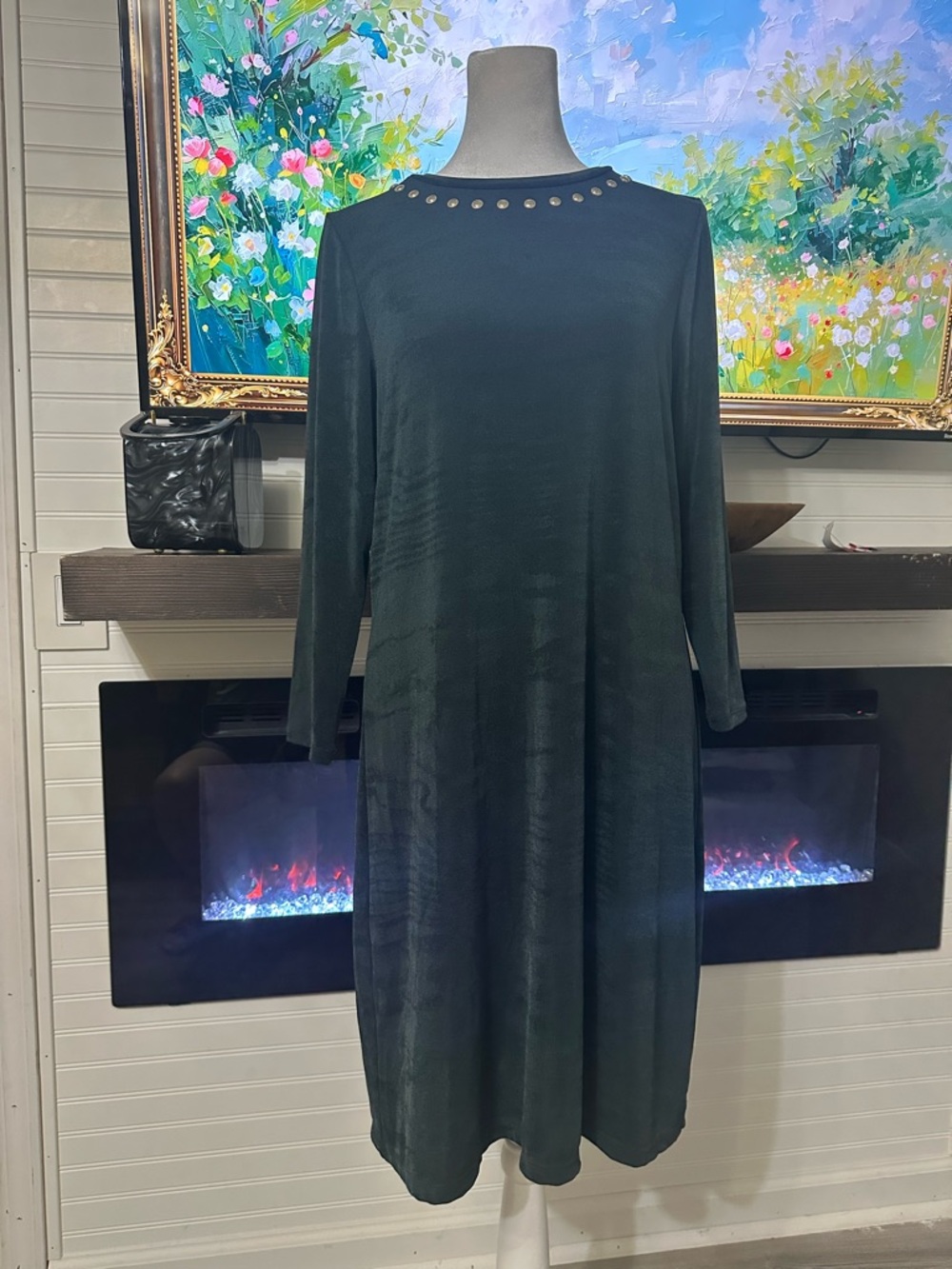 Michael Kors Dark Green Long Sleeve Dress with Stud Neckline